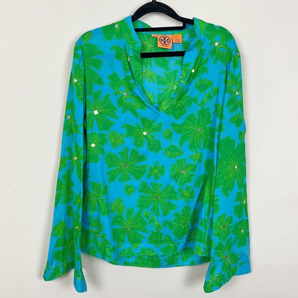 Tory Burch Tops - TORY BURCH LONG SLEEVE TOP IN BLUE AND GREEN SIZE 8
